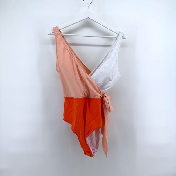Cupshe Other - Cupshe One Piece Swimsuit Colorblock Wrap Side Tie Large Orange White Womens